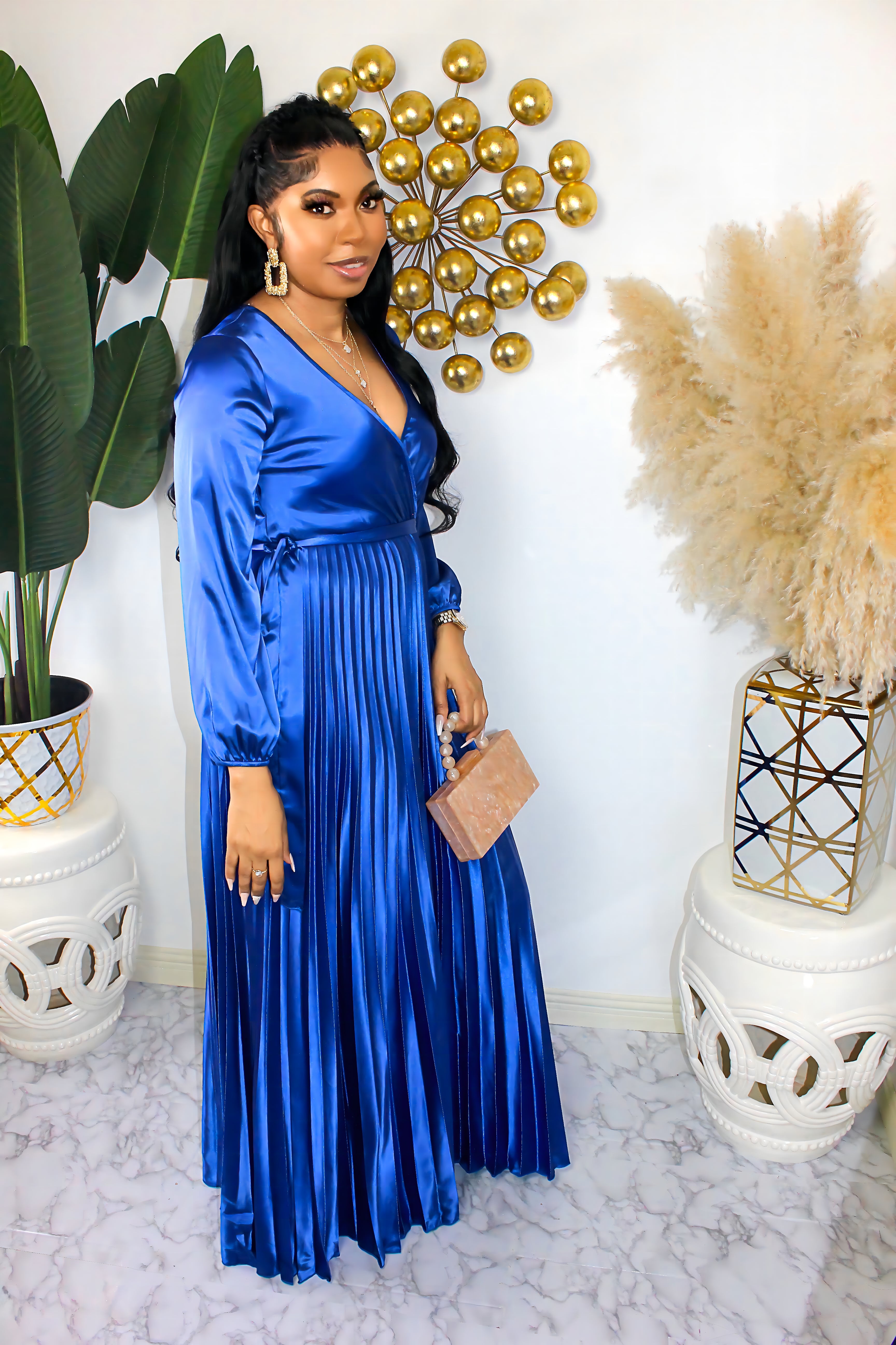 Slay The Way Long Sleeve Pleated Bodice Maxi Dress