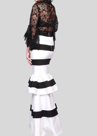 Off White And Black Flounce Maxi Skirt